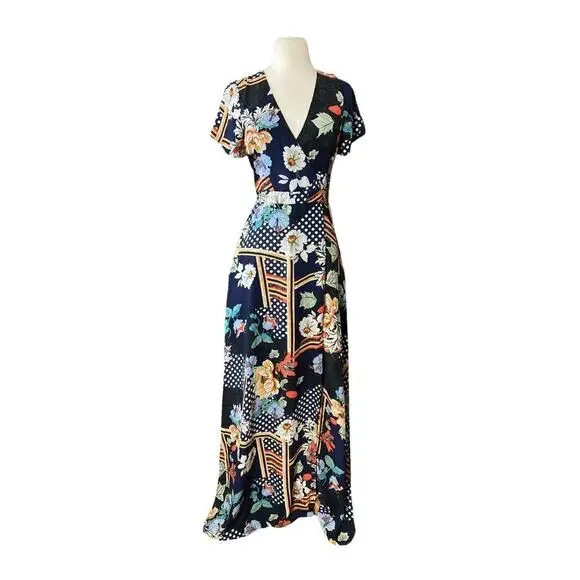 Lulus‎ Women’s Navy Floral Print Maxi Dress Sz S New Short Sleeve Garden Party ￼ - Picture 4 of 14